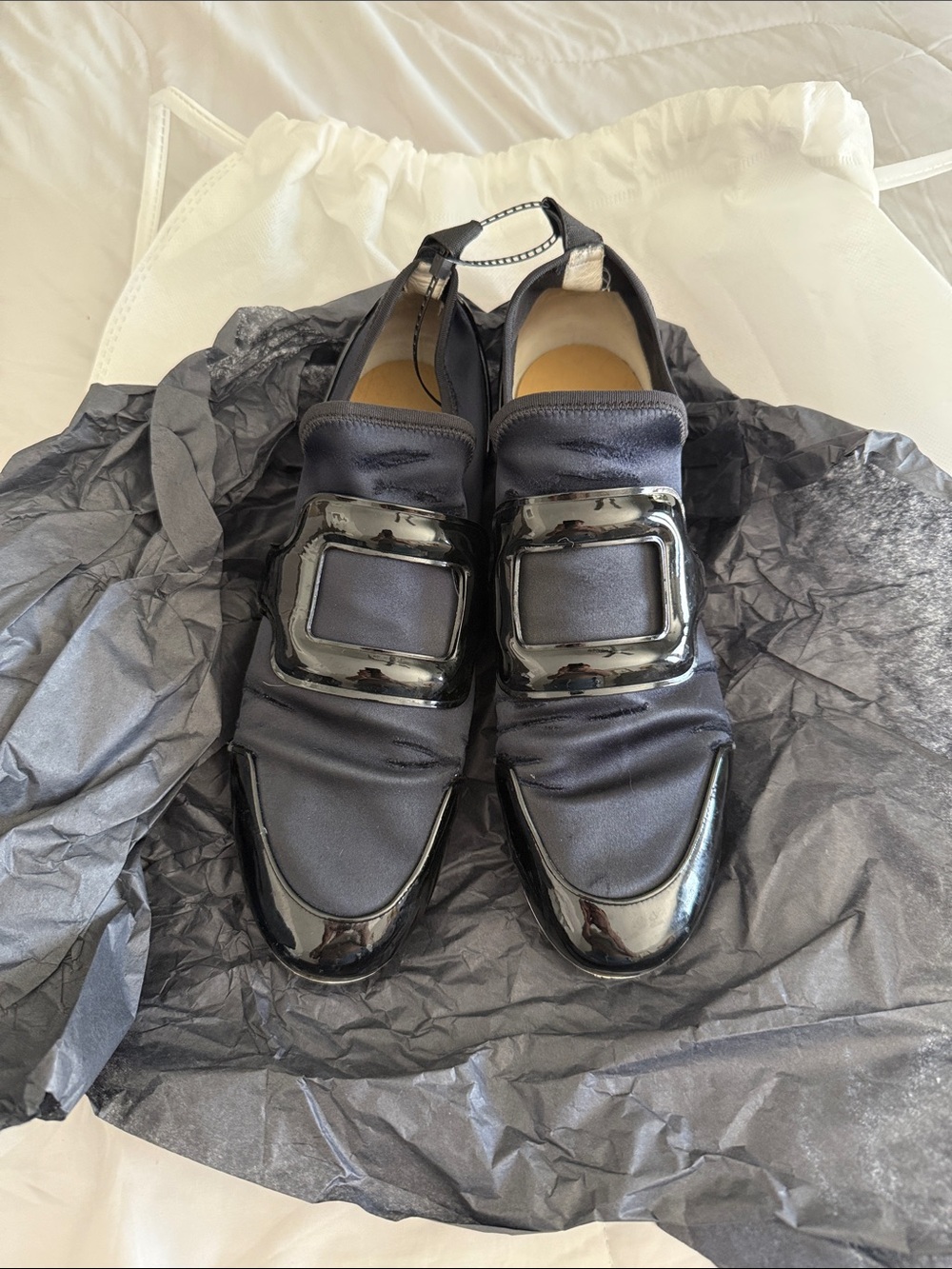 Roger Vivier Black Patent and Satin Buckle Slip-On Loafers
